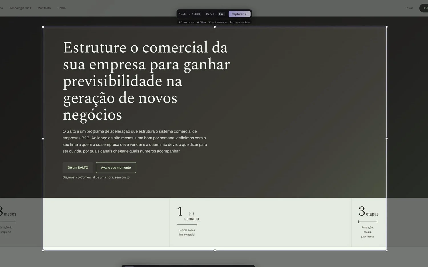 An area selection being adjusted over a website, with the Capture bar