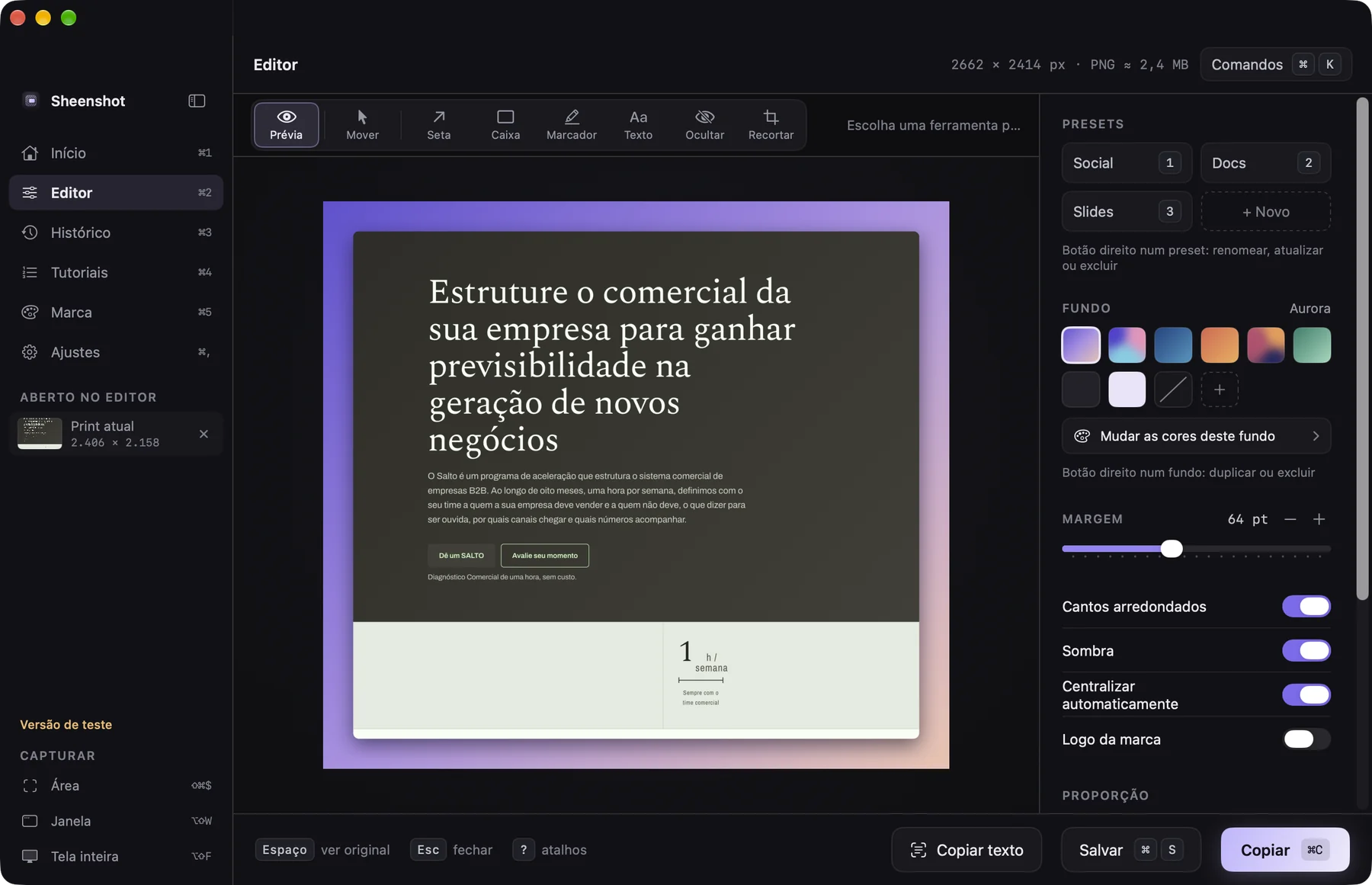 Editor with backgrounds, padding, shadow and annotations