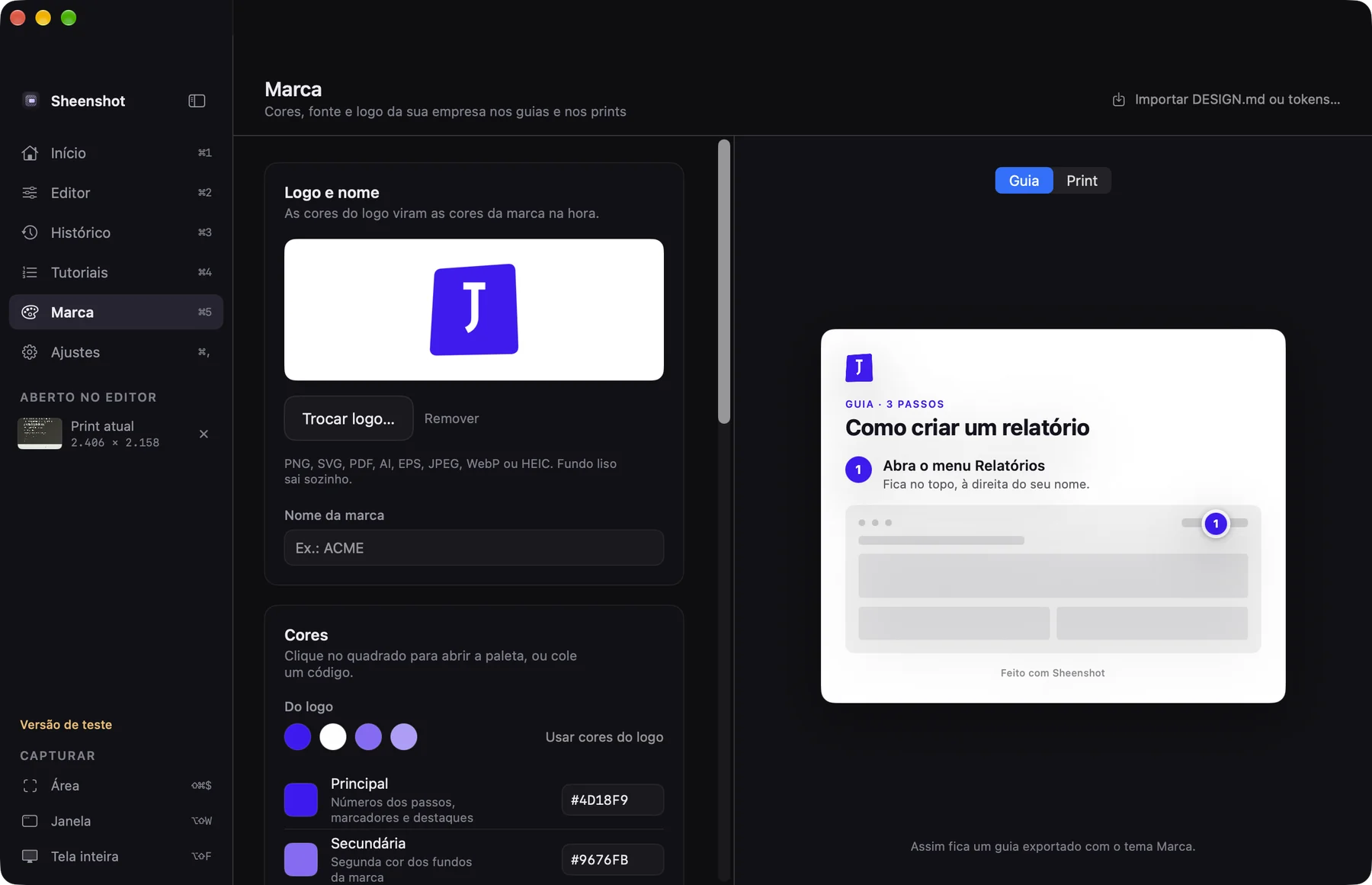 Brand page with logo, colors and a guide preview
